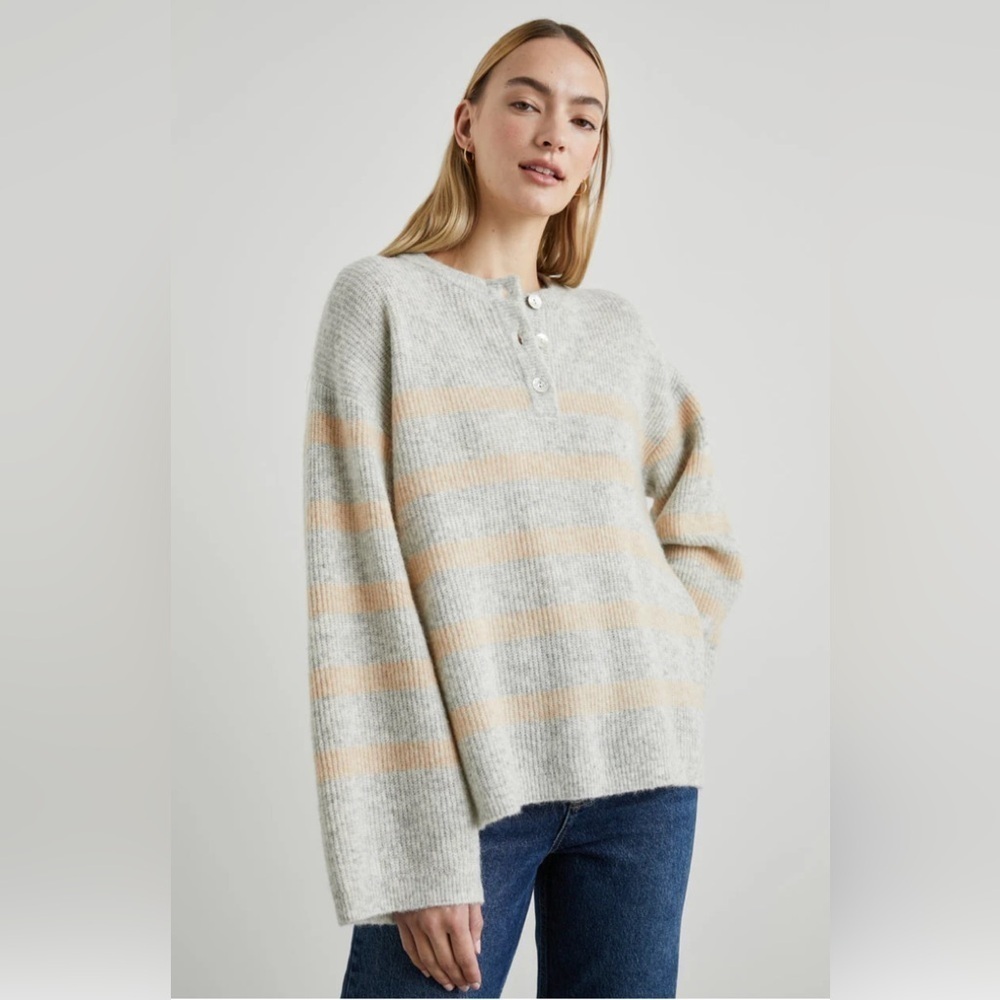 Rails Alicia Stripe Sweater 3 Button Placket Wide Sleeves Grey Camel SZ M
